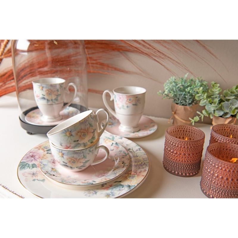Breakfast Plate Beige Pink Porcelain Flowers Plate