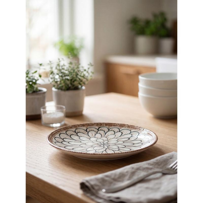 Breakfast Plate White Brown Ceramic