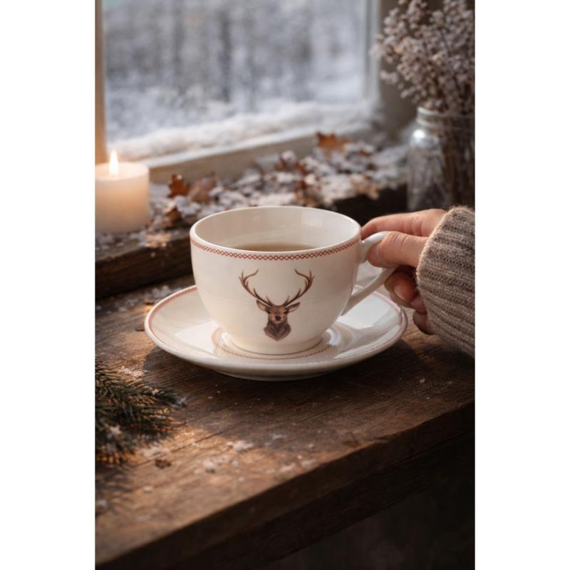 Cup and Saucer Beige Porcelain Deer Tableware