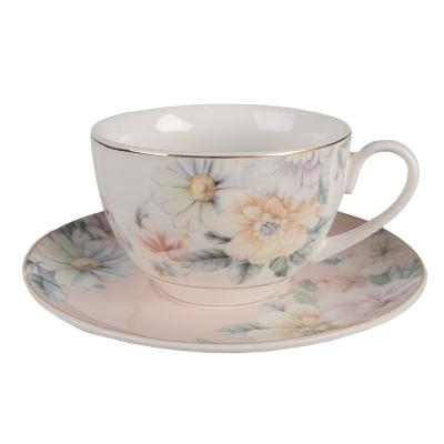 Cup and Saucer Pink White Porcelain Flowers Tableware
