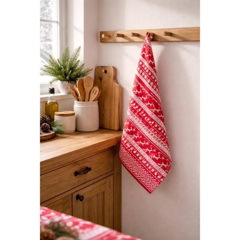 Tea Towel Red Cotton Deer