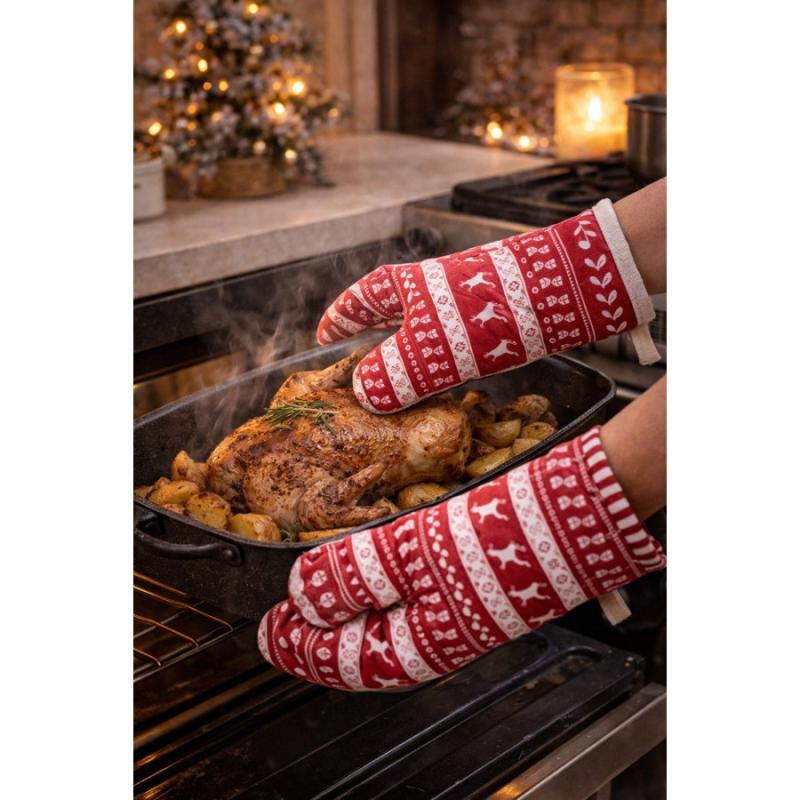Oven Mitt Red Cotton Deer
